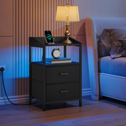 Bedside Table with LED Lights and Charging Station, Bedside Cabinet with 2 Fabric Storage Drawers, Nightstand with USB Ports & TypeC for Bedroom, Livi