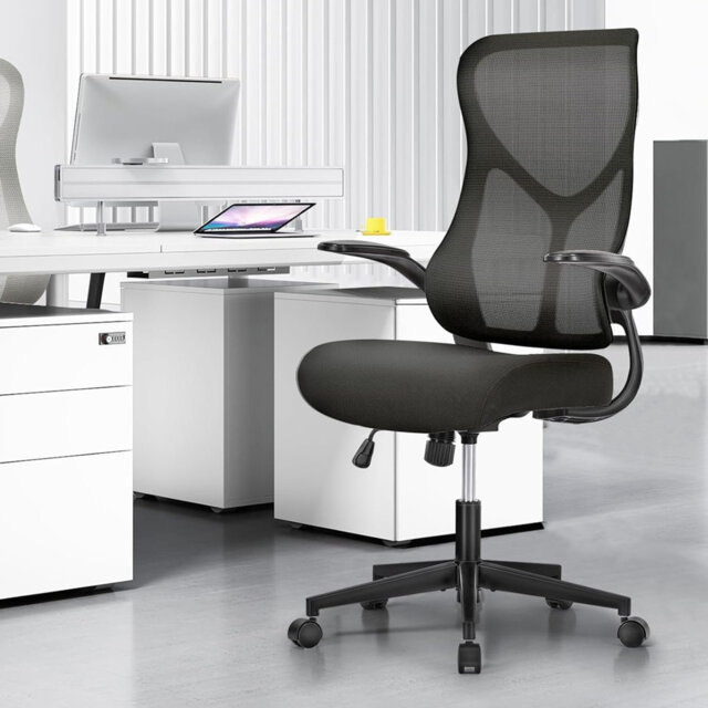Ergonomic High Back Mesh Office Chair – Lumbar Support – Adjustable Turn-over-Up Armrests – Thick Cushion – Swivel Rolling Computer Desk Chair – Breat