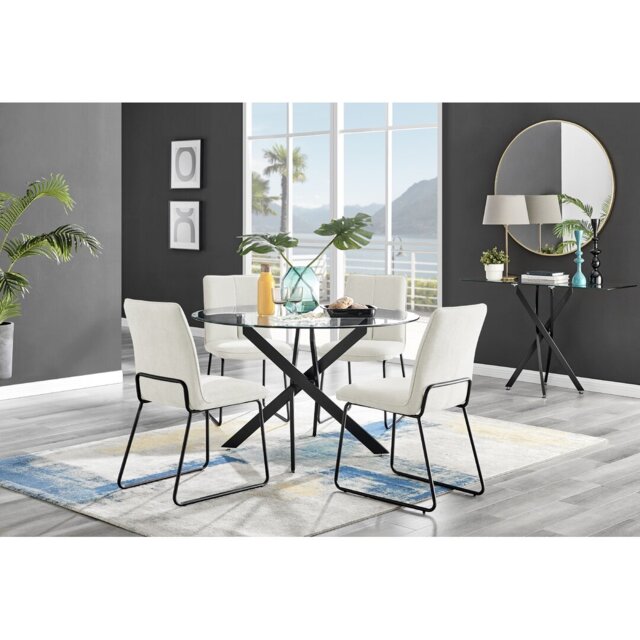 Tierra Modern Glass & Metal Round Dining Table Set & 4 Luxury Dining Chairs