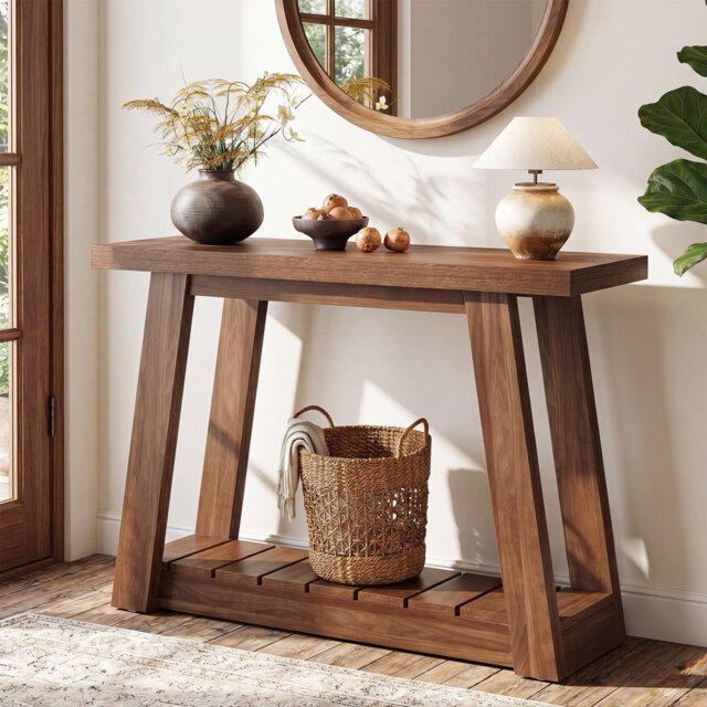 "41"" Console Table, Rustic Farmhouse Entryway Table With Lower Storage Shelf, Narrow Sofa Table For Living Room, Natural Walnut Brown"