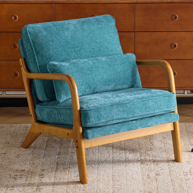 Mid Century Solid Wood Accent Chair Chenille Armchair