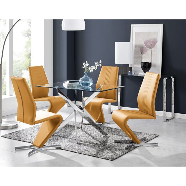 Lenworth Chrome and Glass Rectangular Dining Table Set with 4 Modern Design Faux Leather Chairs