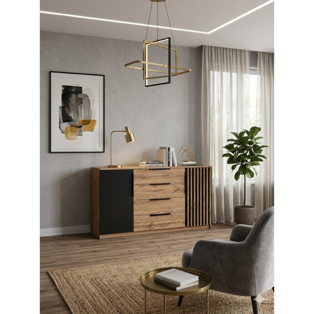 Chest Of Drawers Kira 3 With 2 Doors / 4 Drawers / 2 Shelves / Metal Handles / Slatted Door