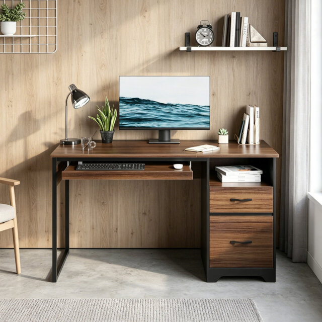 122cm Computer Desk With File&Storage Drawers, Writing Desk With Keyboard Tray&practical Hook And Open Compartments