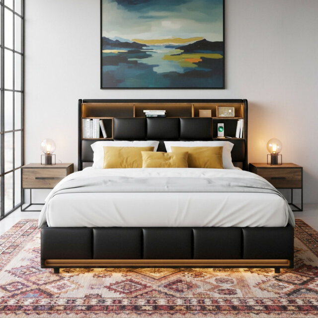 Industrial Upholstered Ottoman Bed With LED Lights, Storage Headboard & Charging Station, Black PU Faux Leather, EU Double & King