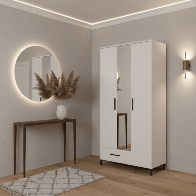 Wide 3 Door Mirrored Wardrobe – Slim Tall Cupboard With Hanging Rail, Drawers & Shelving - Bedroom Furniture Storage For Small Narrow Spaces