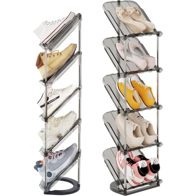2 Pack Sloping Narrow Shoe Rack 5 Tiers - Slim Tall Shoes Racks For Small Spaces And Corner, Shoe Storage Organiser Cabinet For Hallway, Vertical Shoe