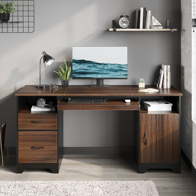 59'' Executive Desk With File And Storage Drawers And Cabinet, Computer Writing Desk With Keyboard Tray And 2 Open Compartments For Home Office