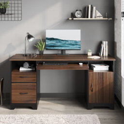 59'' Executive Desk With File And Storage Drawers And Cabinet, Computer Writing Desk With Keyboard Tray And 2 Open Compartments For Home Office