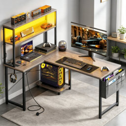 L-Shaped Gaming Desk with LED Lights & Power Outlet, 110 × 80 cm Reversible Corner Computer Desk with Shelves, Storage Bag and Headphone Hook