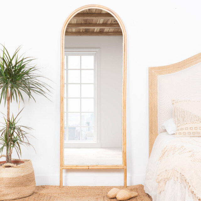 Thebault Rattan Framed Leaning Cheval Mirror in Yellow