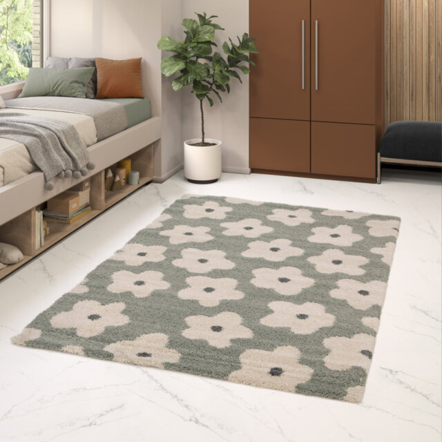 Adalynne Floral Machine Woven Green Area Rug