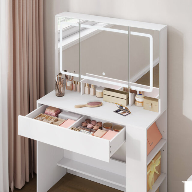 Dressing Table With Lighting Mirror Led, Dressing Table With Drawer, Shelf Behind The Mirror, Jewellery Box And Side Shelf, Modern Furniture For Bedro