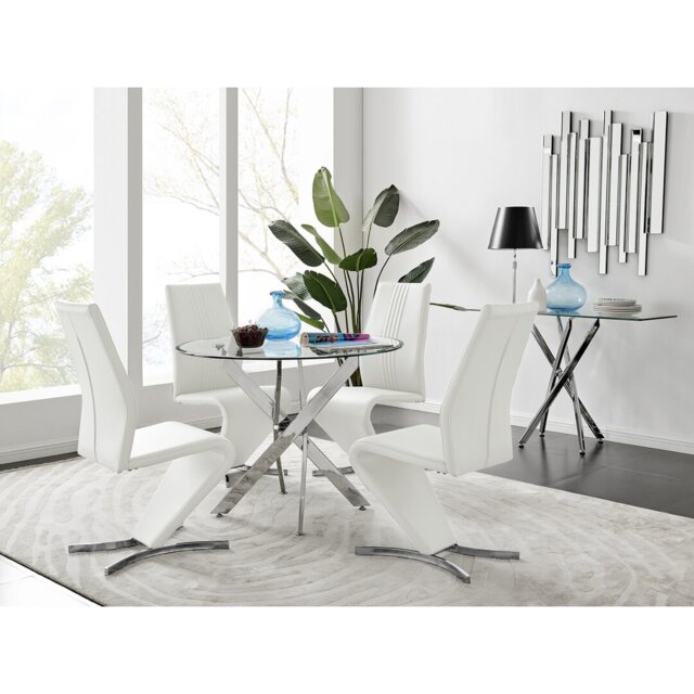 Tierra Modern Chrome Metal & Glass Round Dining Table Set with 4 Modern Design Faux Leather Chairs