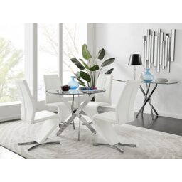 Tierra Modern Chrome Metal & Glass Round Dining Table Set with 4 Modern Design Faux Leather Chairs