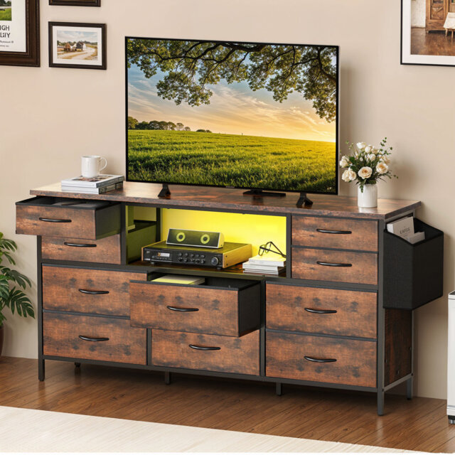 140CM TV Cabinet For Tvs Up To 65 Inches With RGB LED Lighted & 10 Foldable Drawers Brown