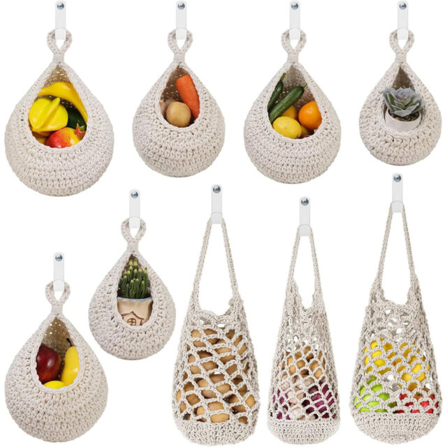 Jute Kitchen Hanging Baskets 9 Pcs, Fruit Woven Wall Basket Hanging Vegetable And Onion Storage With 24 Hooks (Brown)