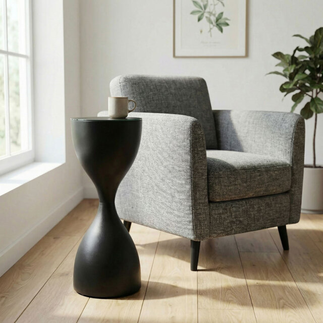 Black Hourglass Metal and Glass Side Table