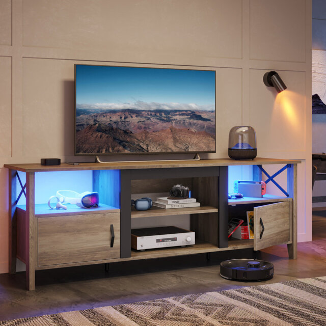 "Farmhouse Tv Stand For 70 Inch Tv With Led Light,63"" Tv Console Cabinet With Media Storage"