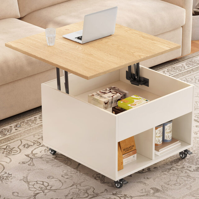 60cm Lift-top Coffee Table With Built-in Storage And Rolling Wheels For Easy Mobility