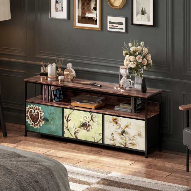 Industrial TV Stand With LED Lights, 3 Drawers & Open Shelf