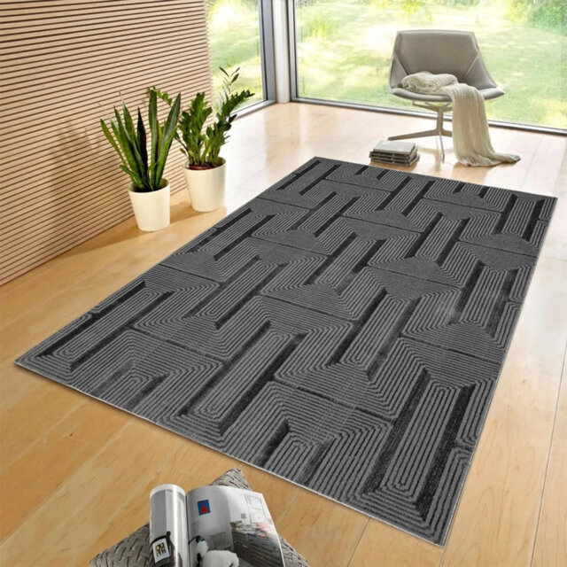 Luna Dark Grey Geometric Area Rug & Runner â Modern Non-Slip Carpet For Living Room, Bedroom, Hallway & Lounge - Soft Durable Floor Mat