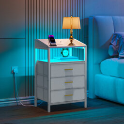 Bedside Tables Set of 2 with LED Lights and Charging Station, Bedside Cabinet with 3 Fabric Storage Drawers and Shelves, Nightstand with USB Ports&Typ