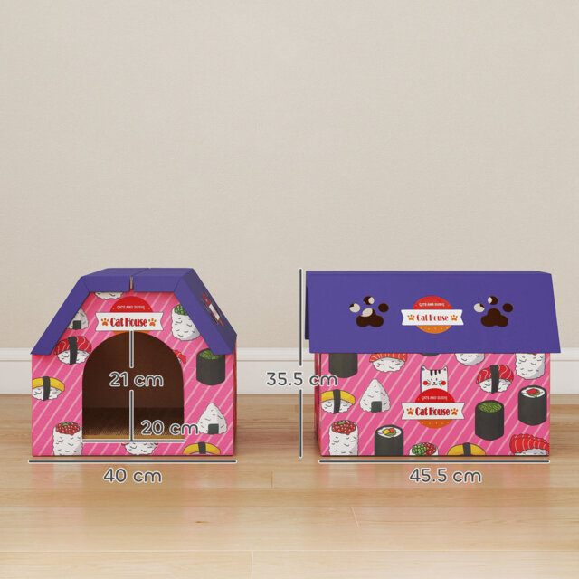 Cat Scratching Board 2in1 Cardboard Cat House with Door Pink