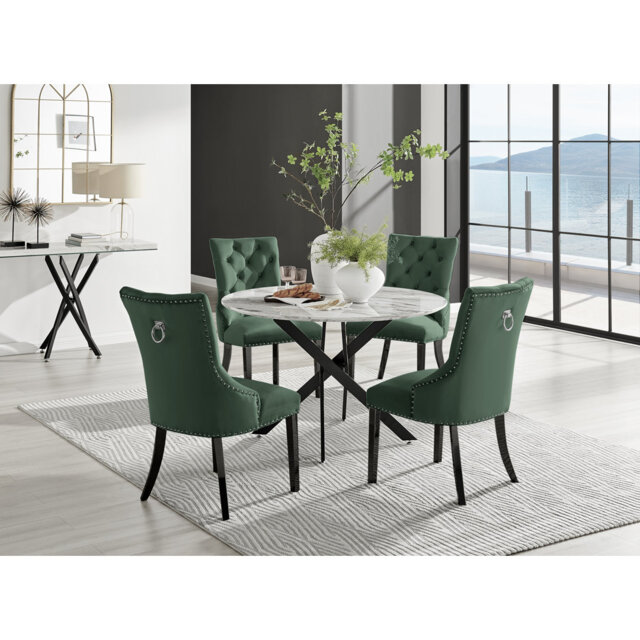 Tierra Modern Chrome Metal & Glass Round Dining Table Set with 4 Luxury Button Velvet Chairs