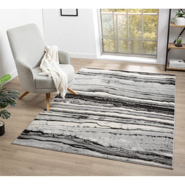 Demico Modern Low Pile Area Rug - Polypropylene Weaving - Jute Backing - Coast Waves Abstract Design Rugs, Grey,