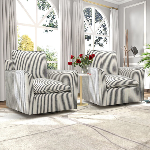 75.4cm wide Modern Striped Swivel Accent Chair with Clean Lines and Upholstered Arms