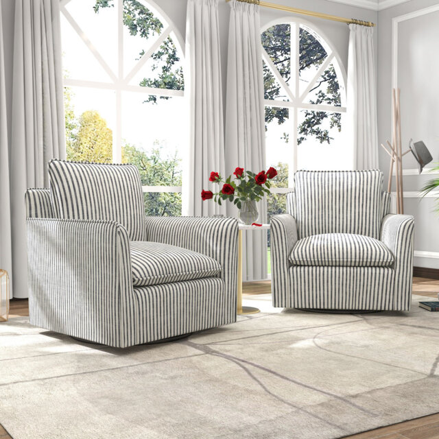 75.4cm wide Modern Striped Swivel Accent Chair with Clean Lines and Upholstered Arms