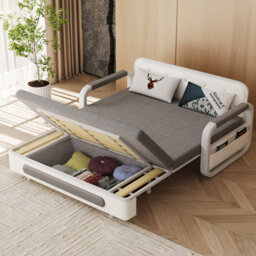 Modern Convertible Sofa Bed, Features Storage & Latex Mattress, Grey Upholstery with White Frame, Space-Efficient for Living Rooms & Studios