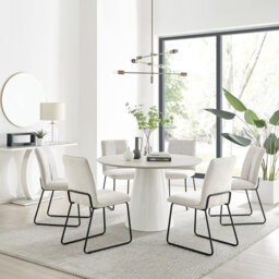 Edzard Statement 6 Person Round Dining Table Set in Luxury Stone Effect - Fabric Dining Chairs