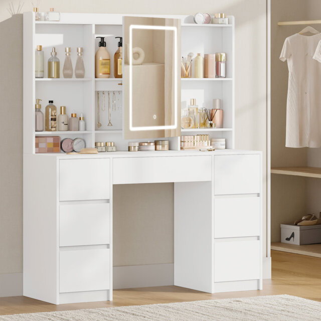 Dressing Table with Lights, Vanity Desk with Large Led Mirror, Adjustable Brightness, Makeup Desk Vanity Table with 7 Drawers, 4 Shelves for Bedroom,