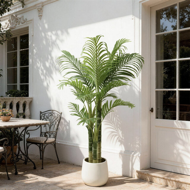 Artificial Palm Tree with White Planter, Large Fake Plants Golden Cane Palm Tree Plastic Tall Areca Palm in Pot for Indoor Outdoor Home Office Living