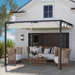 3 X 3m Cream White Wall Mountable Pergola, Sliding Retractable Canopy Garden Shelter With Triangle Reinforced Metal Frame
