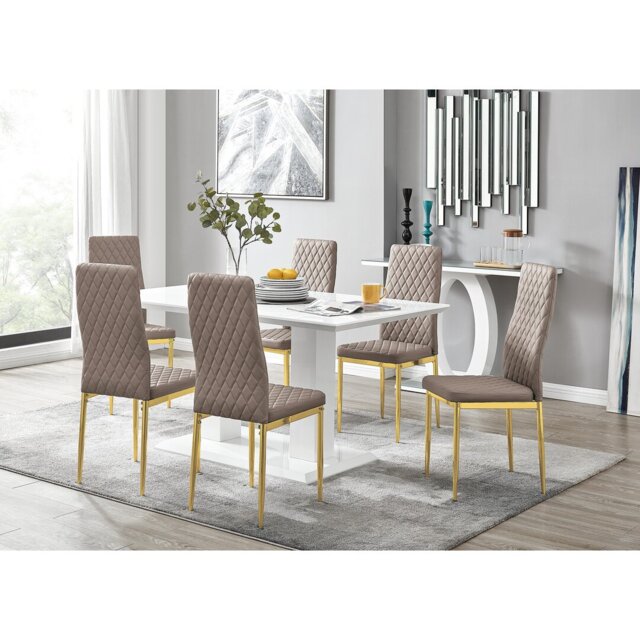 Edzard Double Pedestal High Gloss Dining Table Set with 6 Luxury Faux Leather Dining Chairs