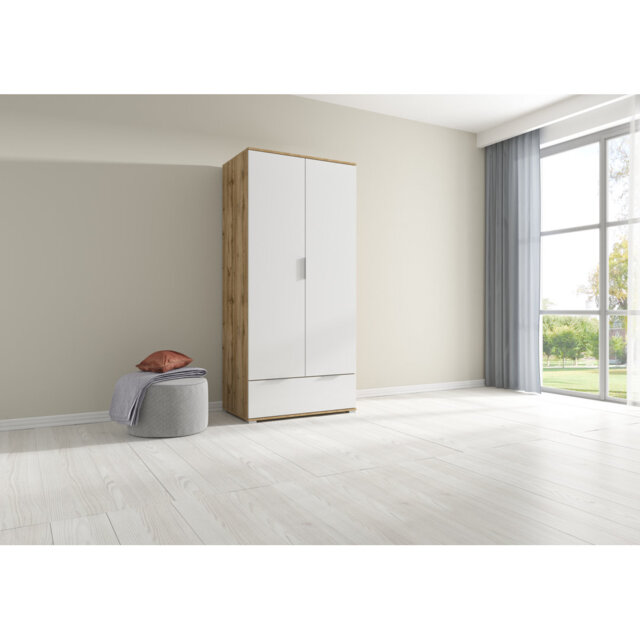 Zele 90 cm 2 Door Wardrobe with Drawer Oak Wotan White Gloss