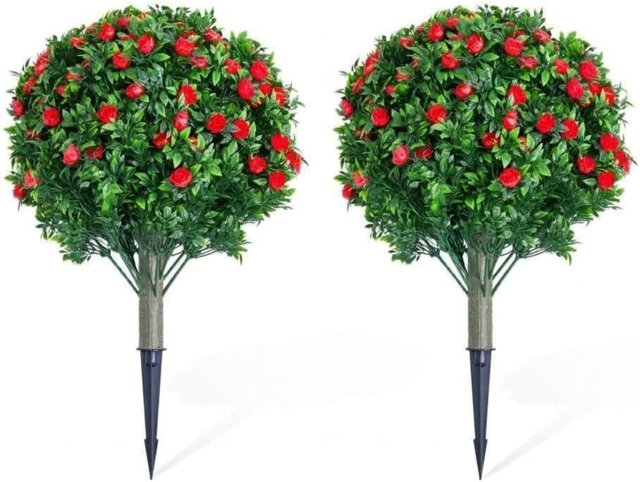 60cm Artificial Rose Topiary Ball Trees, UV-Resistant, Red
