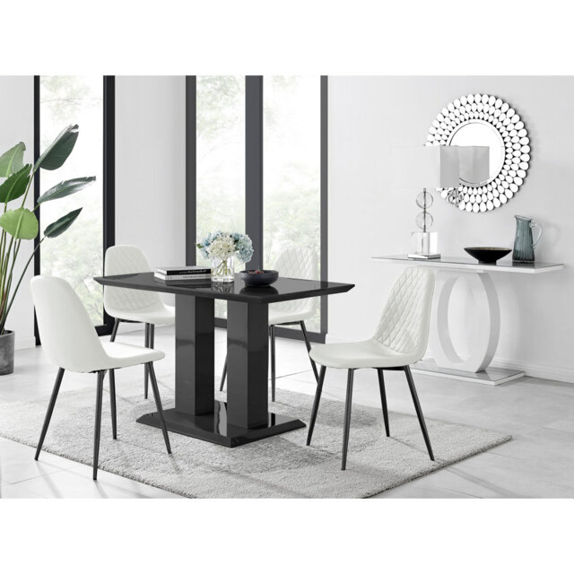 Edzard Double Pedestal High Gloss Dining Table Set with 4 Luxury Faux Leather Dining Chairs