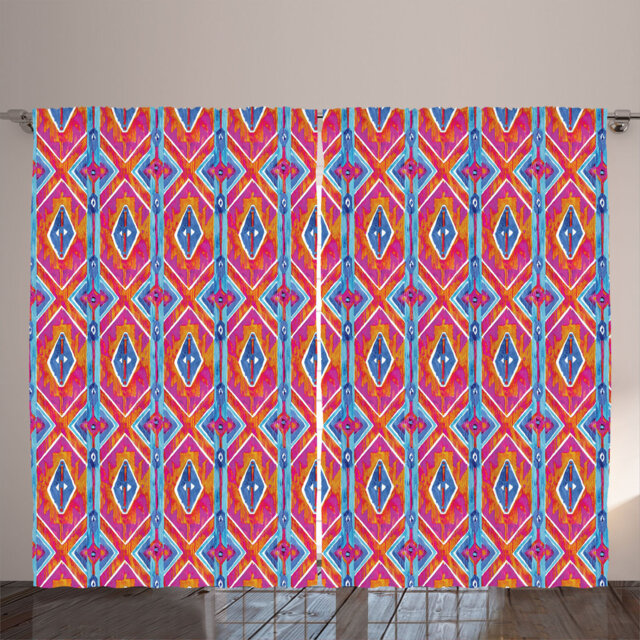 Rustic curtain, pattern of Ikat shapes, ethnic, tribal, magenta, orange and blue