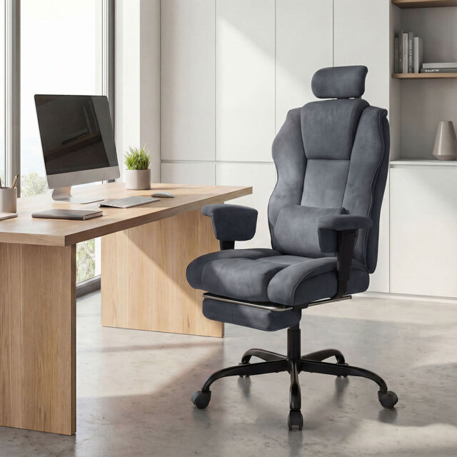 Executive Ergonomic Office Chair Suede Fabric Wide Seat 155° Recline Footrest