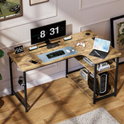 L Shaped Desk With Power Outlets, Gaming Corner Computer Desk With Storage Shelves, Headphone Hook, PC Table Workstation For Study Play Work Home Off