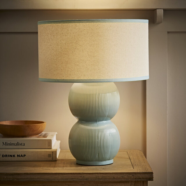 Gemma Linen with Cream Trim Shade Stacked Ribbed Cream Glazed Table Lamp & Bulb
