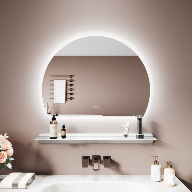 Wall-Mounted Mounting Semi-Circle Bathroom Mirror & Triangular LED Shelf, Anti-Fog, Dimmable, Aluminum Glass Shelf, UKCA/CE Certified