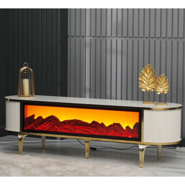 Stella Furniture Electric Fireplace TV Unit with Remote Control, Realistic Flame Effect TV Cabinet, No Heating Function (WHITE/GOLD)