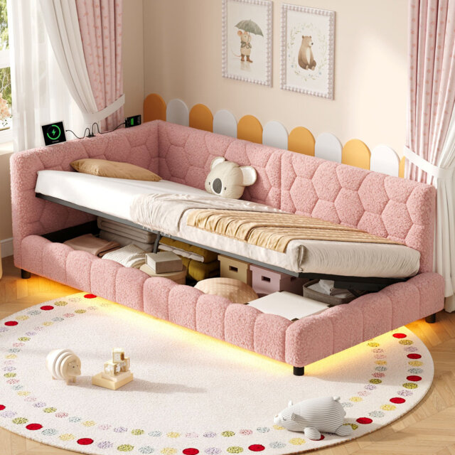 Single Boucle Side Opening Ottoman Storage Bed Frame with Smart RGB LED Lights & USB Charging Statio