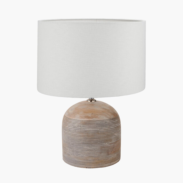 Nelu Natural Engraved Wood Dome Table Lamp Base with Henry 35cm White Handloom Cylinder Lampshade