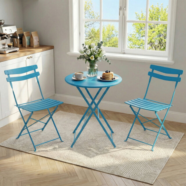 Heavy-Duty Metal 3-Piece Foldable Bistro Set, No Assembly Required Outdoor Furniture for Balcony, Yard and Garden Decoration